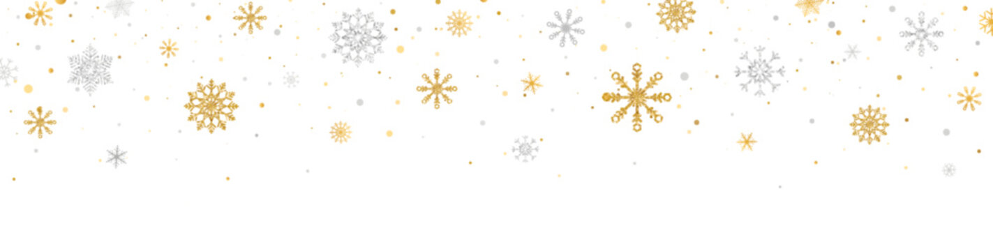 Gold, silver glitter snowflakes frame. Christmas golden celebration banner. Happy New Year card. Luxury winter ornament. Snow fall. Holiday background. Season greeting design. Vector illustration