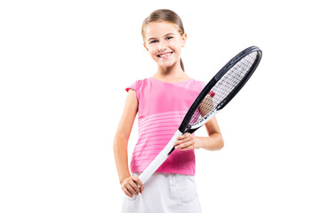 Young female tennis player in pink outfit. Little girl posing with racket and ball isolated on...