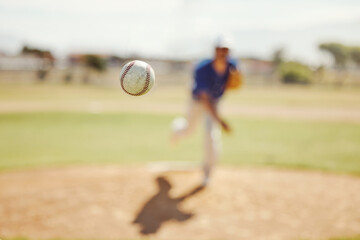 Sports, pitch and baseball ball in air, pitcher throwing it in match, game or practice in outdoor field. Fitness, exercise and training on baseball field with player in action, movement and motion - obrazy, fototapety, plakaty