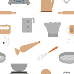 Seamless pattern with baking tools. Cooking equipment. Flat style. Vector.