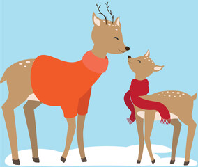 Vector illustration of two reindeers in red christmas sweater and red scarf in cartoon style
