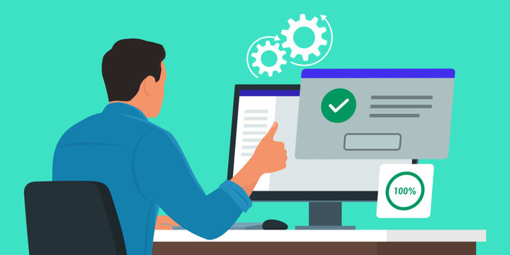 Man using a computer and receiving a system notification