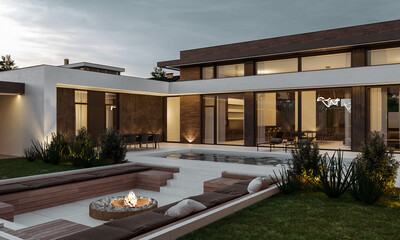 3D visualization of a modern house with a courtyard. House with swimming pool, bonfire area. - obrazy, fototapety, plakaty