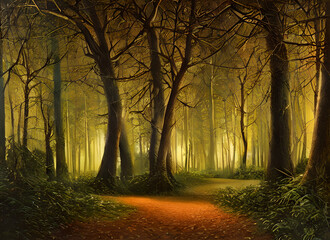 Obraz premium Forest Autumn Sun Morning Park Light Road Woods Misty Wood Fog Sunlight Sunrise Mist Summer Green Tree Landscape Pine Nature Path Trees Foggy Woodland Foliage