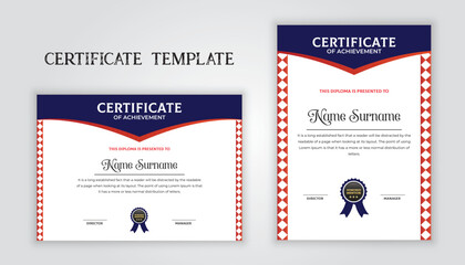 Simple certificate template with red frame. Certificate of achievement, appreciation, completion, excellence template. Award and professional certificate design template.