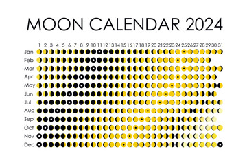 2024 Moon calendar. Astrological calendar design. planner. Place for stickers. Month cycle planner mockup. Isolated black and white background