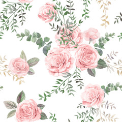 Watercolor vintage seamless pattern with pink roses and leaves for summer textiles of women is dresses and clothes in natural shades