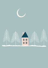 Christmas New Year card banner with doodle rural house in forest with snowy pine trees. Cozy winter scene illustration in vintage style