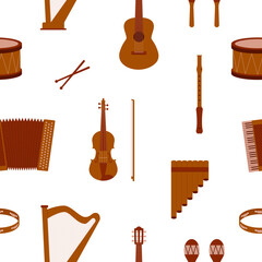 Seamless pattern with musical instruments. Flat style. Vector.