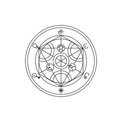Hand drawn alchemist's circle. Magic and mystic symbols and signs. Vector alchemist circle