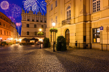 New year celebrate fireworks over Old Town of Lublin. Poland, Europe - obrazy, fototapety, plakaty