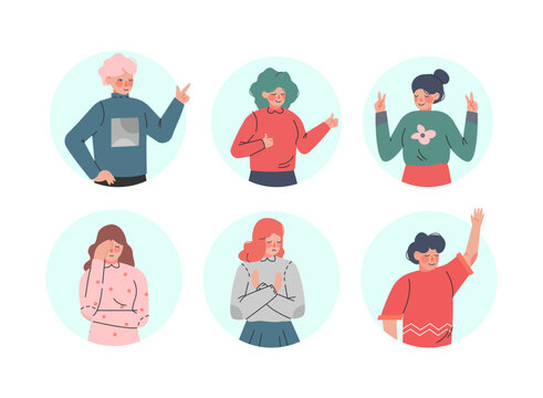 Young Man and Woman Making Positive and Negative Hand Gestures in Circular Frames Vector Illustration Set