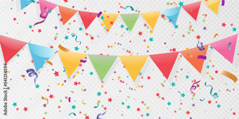 Poster Lots of colorful tiny confetti and ribbons on transparent background. Festive event and party. Multicolor background.Colorful bright confetti isolated on transparent background.	