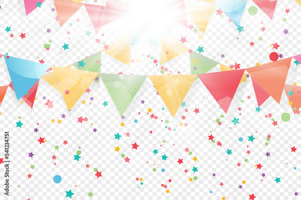 Poster Lots of colorful tiny confetti and ribbons on transparent background. Festive event and party. Multicolor background.Colorful bright confetti isolated on transparent background.	