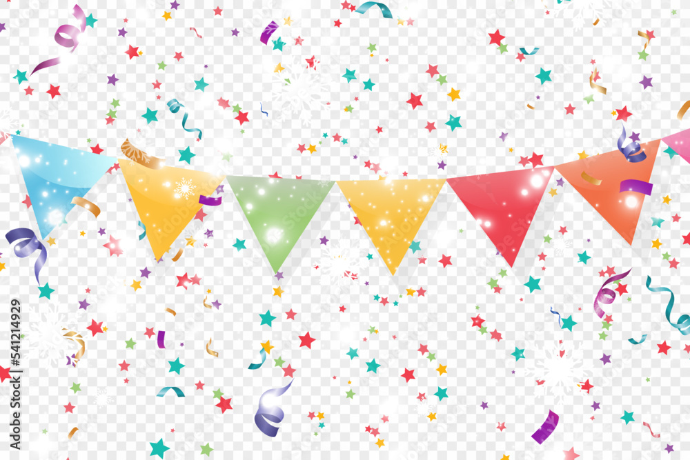 Poster Lots of colorful tiny confetti and ribbons on transparent background. Festive event and party. Multicolor background.Colorful bright confetti isolated on transparent background.	