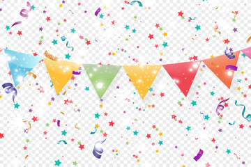 Lots of colorful tiny confetti and ribbons on transparent background. Festive event and party. Multicolor background.Colorful bright confetti isolated on transparent background.	