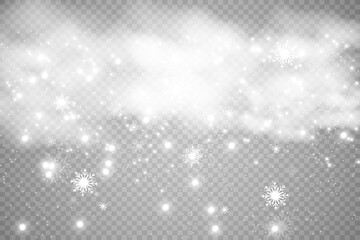 Snowfall. A lot of snow on a transparent background. Christmas winter background. Snowflakes falling from the sky.