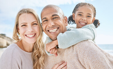 Happy portrait, family love and beach holiday together on a fun summer ocean travel adventure in Costa Rica. Dad smile, mother and girl child hug father nature bonding in sunshine by sea for vacation