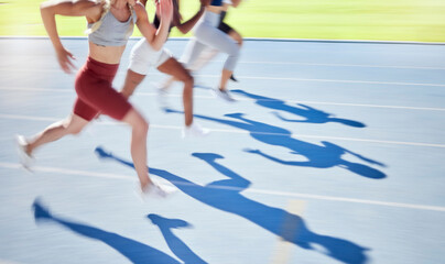 Sports, race and running on track together with athletes in outdoor stadium. Fitness, exercise and...