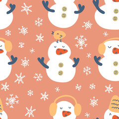 Winter seamless pattern with snowmen, snowflakes and birds. Childish print for tee, paper, fabric, textile. Hand drawn vector illustration for decor and design.