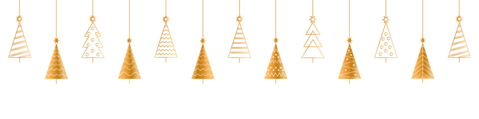 Fototapeta premium Christmas and New Year seamless banner or border. Vector Christmas tree set isolated on transparent background.Line golden christmas three icons.Christmas ball golden line icon