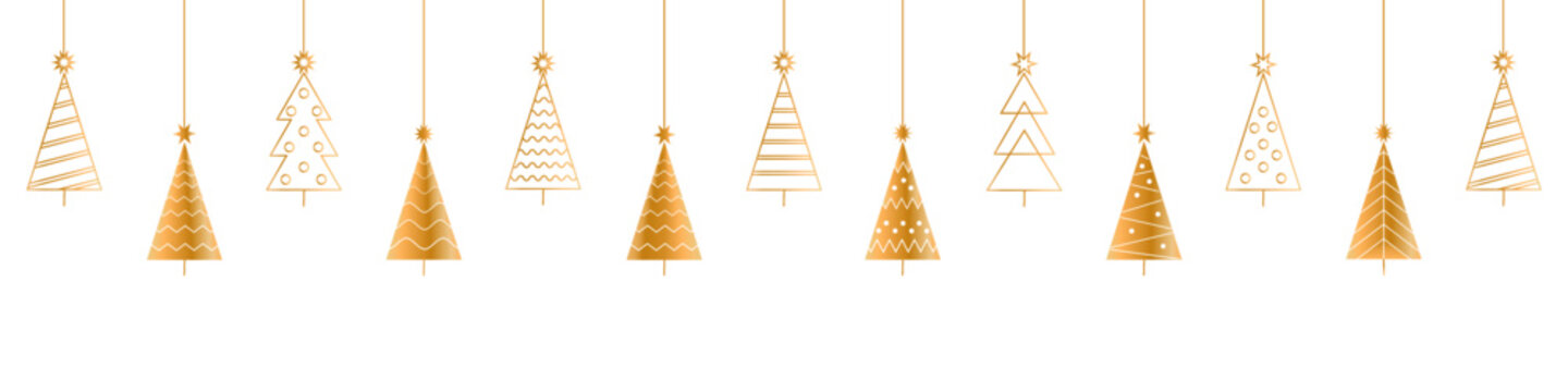 Christmas and New Year seamless banner or border. Vector Christmas tree set isolated on transparent background.Line golden christmas three icons.Christmas ball golden line icon