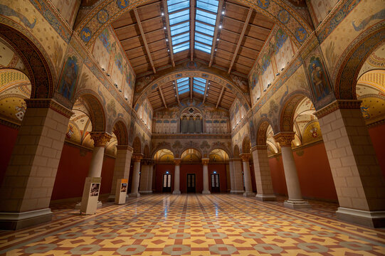Budapest, Hungary - 26.05.2022: Interior of renovated Roman Hall in Museum of Fine Arts. The Romanesque Hall