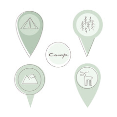 Set of simple map pointer, location icon with line illustration about camp, nature, outdoor leisure for design