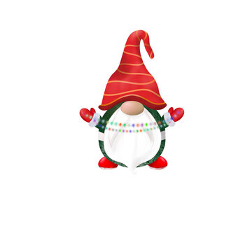 Christmas elf isolated on white background. Gnome with a multi-coloured garland and a red hat