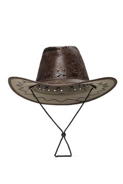 Close-up shot of a brown wide-brimmed leather cowboy hat with an adjustable cord. The hat in western style is isolated on a white background. Front view.