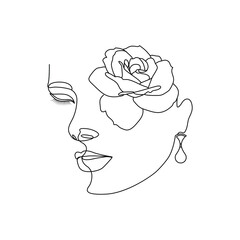 Females eyelash beauty salon with flowers line art drawing. Vector stylized woman faces with rose. Modern single line art. Woman beauty fashion concept, minimalistic style.