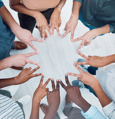 Teamwork, peace hand sign together and corporate support of a worker team showing community....