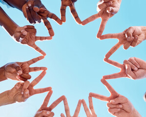 Peace star sign, people and hands of people together with diversity showing support and community....