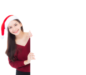 Portrait of beautiful christmas asian young woman in santa hat holding board with copyspace empty, xmas holiday concept.