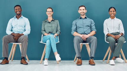 Business people, chairs and row waiting for interview, meeting or opportunity sitting together at the office. Happy diverse group in wait room for line, hiring or recruitment process at the workplace