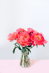 vase with peonies on white background