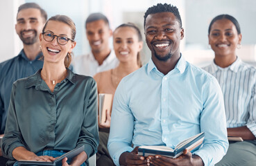 Business, meeting crowd and happy audience laugh in a corporate strategy workshop. Diversity of...