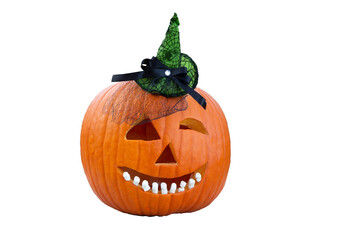 Decorated pumpkin for Halloween with hat and teeth.