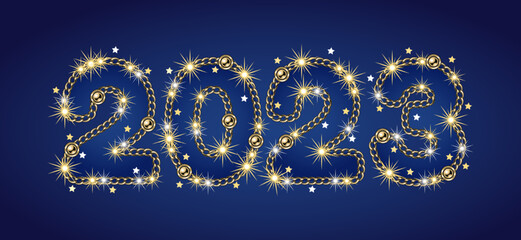 Fototapeta na wymiar Numbers 2023 made of gold jewelry chains, sparkles, little scattered stars on a blue background. No transparency effect. Vector illustration