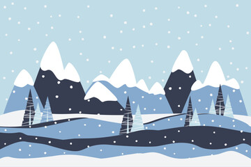 Winter landscape. Mountains, spruces, snow, snowflakes, snowdrifts. Vector illustration for greeting card, banner, postcard, poster