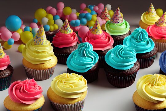 illustration colorful birthday cupcakes