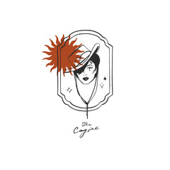 Hand drawn abstract vector graphic sign clipart illustration cowgirl in hat portrait.Western female design concept.Bohemian wild west contemporary art.Cowboy girl modern drawing.American cowgirl logo.