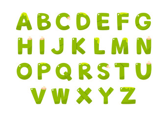 Cute spooky green zombie alphabet fonts for the Halloween holiday. Cute cartoon green alphabet. Letters and numbers. Vector illustration.