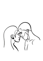 Illustration d’un portrait d’un jeune couple Afro face à face. Dessin aux lignes simples noir, sur le thème de l’amour: un homme et une femme. 
