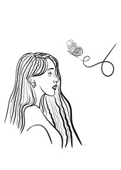 Illustration d&rsquo;un portait de jeune femme aux cheveux long ondul&eacute; qui se retrouve nez &agrave; nez ave un papillon. Dessin aux lignes simples noir. Dessin f&eacute;minin d&rsquo;une rencontre entre une femme et la nature.
