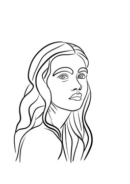 Illustration d’un portait d’une jeune fille aux cheveux long. Dessin simple trait noir sur fond blanc. Image lier à la femme et au cosmétique, icône de marque de luxe 