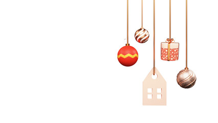 3D Rendering Of Christmas Balls With Gift Box, House Hang Decorated Background And Copy Space.