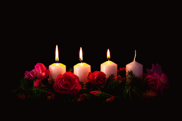 advent wreath with four candles, 3 candles burning