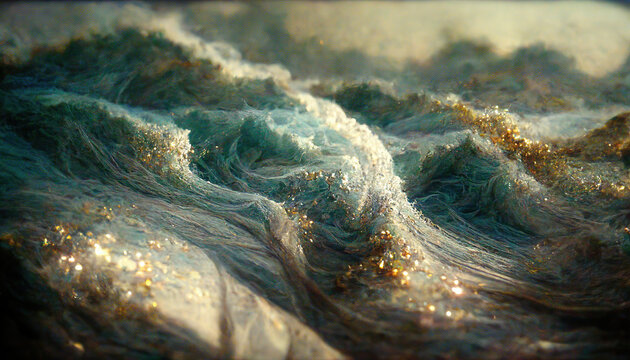 AI generated image of waves in the sea with golden color due to sunlight. Golden waves