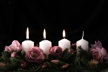 advent wreath with four candles, 3 candles burning